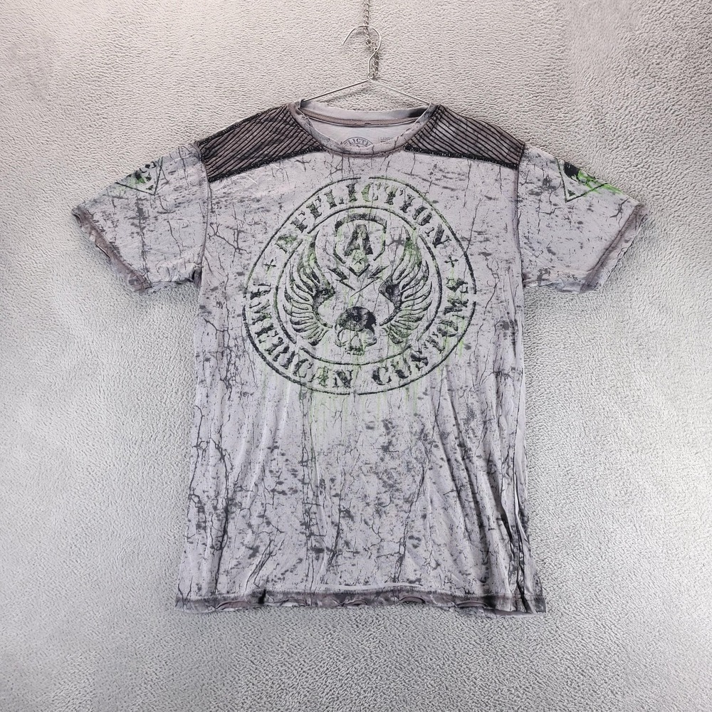 Affliction Shirt Mens L Gray American Customs Skull Wings Graphic Biker Tee